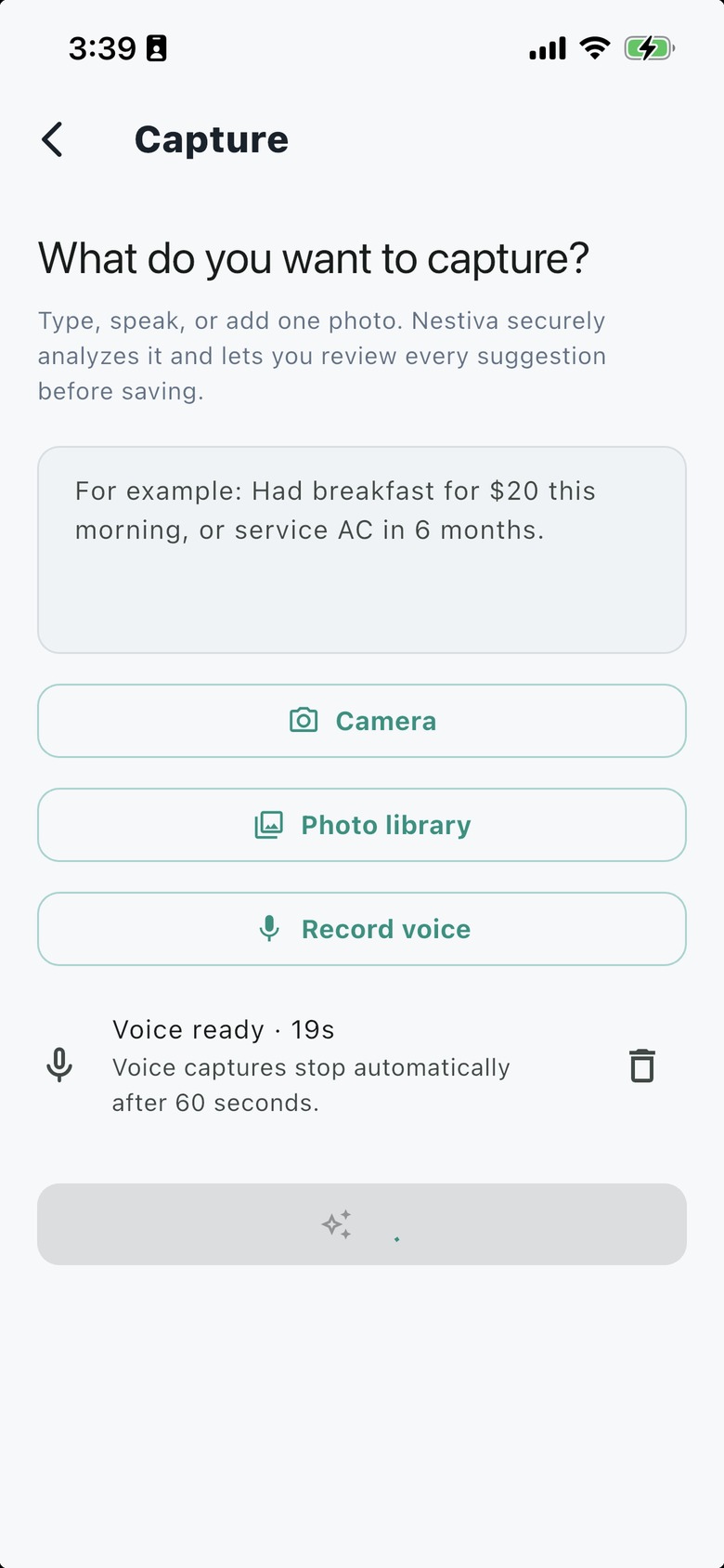 Nestiva multimodal capture screen with text, camera, photo library, and 60-second voice.
