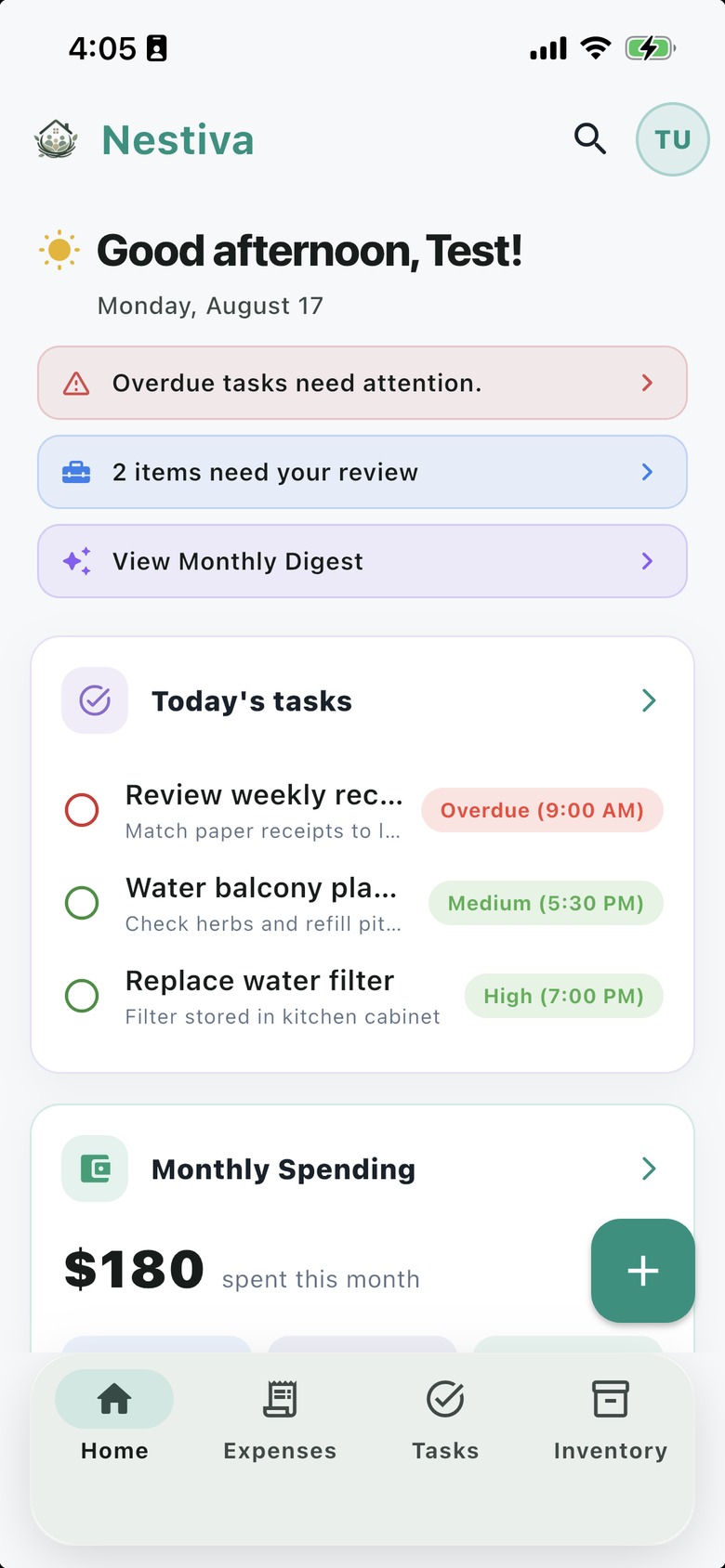 Nestiva dashboard with home command center, monthly spending, and today's tasks.