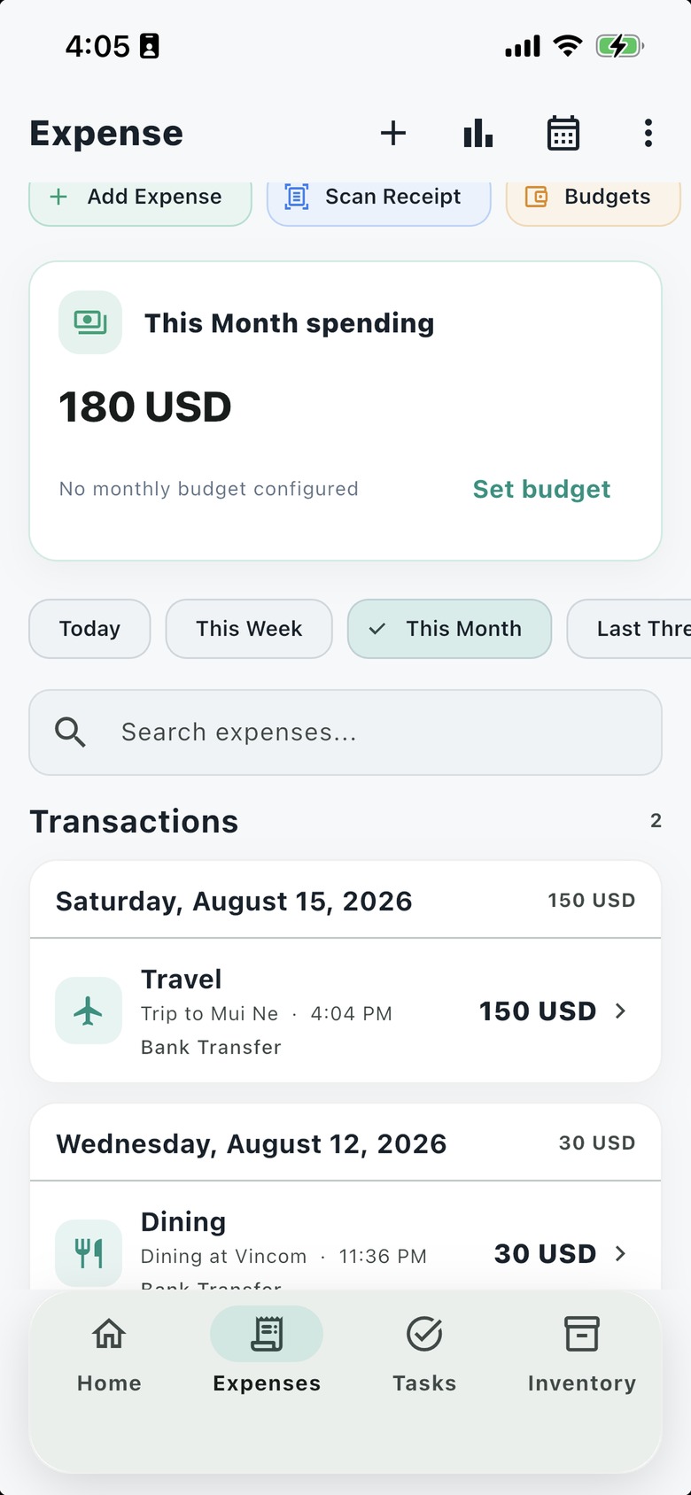 Nestiva expense tracker screen with monthly spending, budget health, and recent transactions.