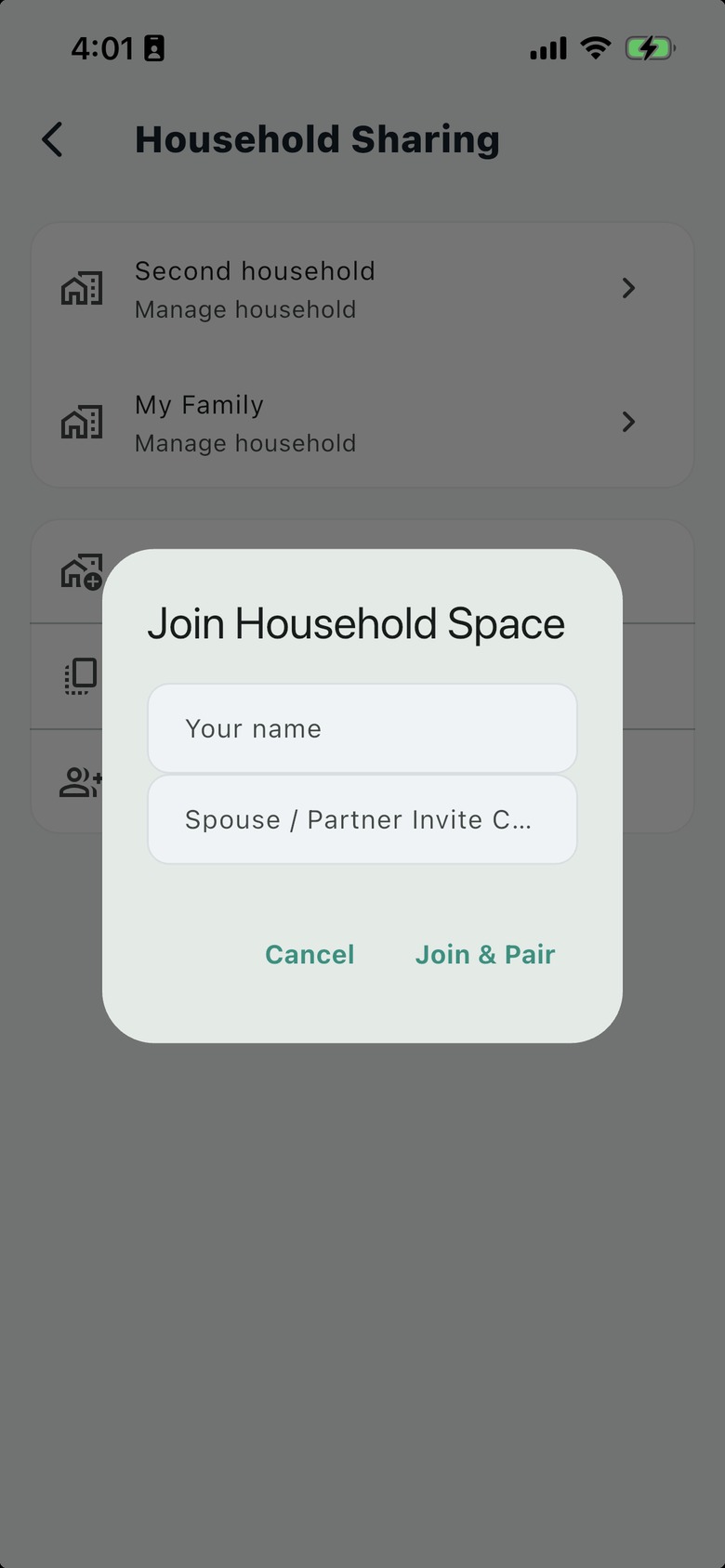 Nestiva household sharing modal to join household spaces with invite codes.