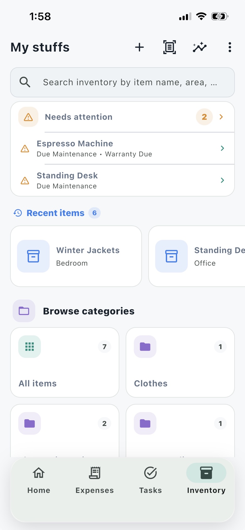 Nestiva Inventory dashboard showing compact add, scan, and Insights actions, a Needs Attention preview, recent items, and categories.