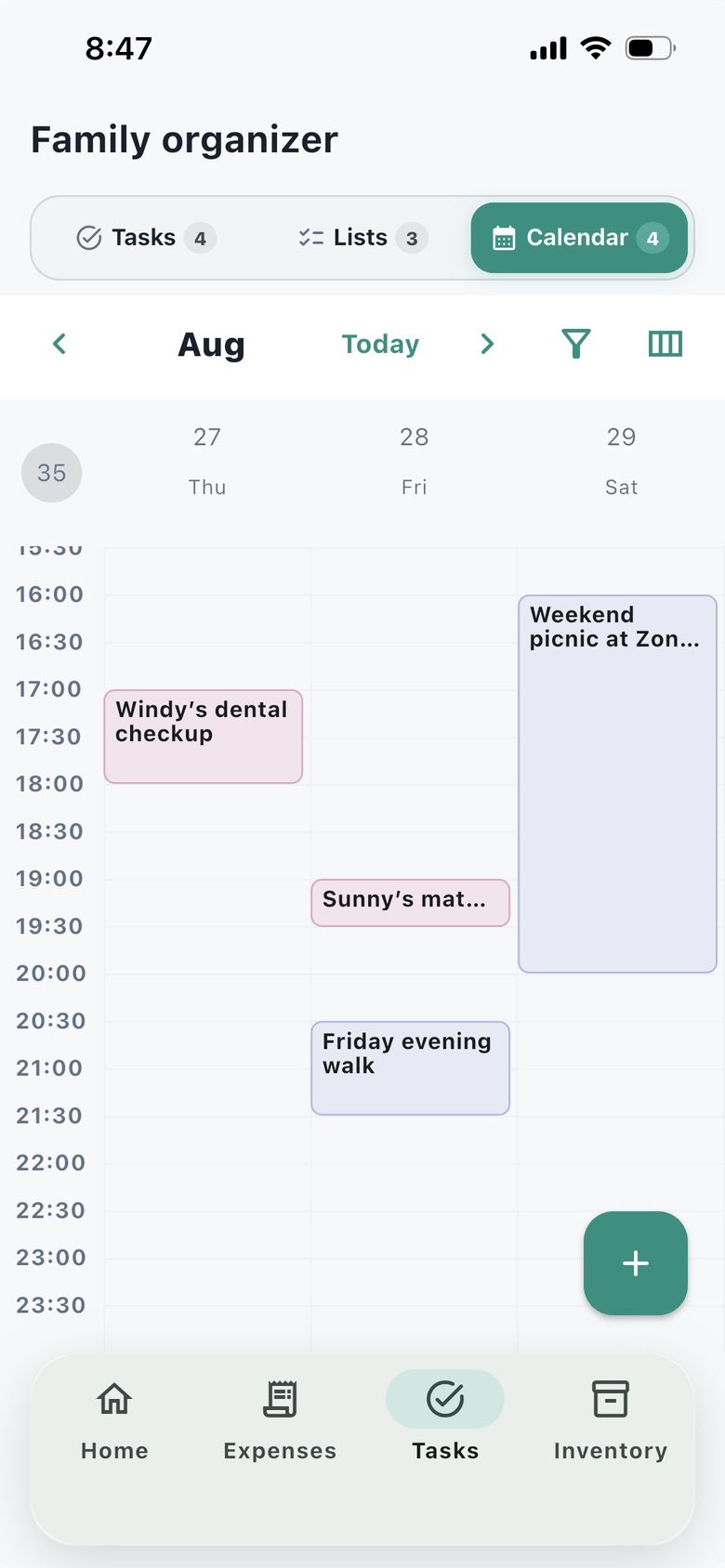Nestiva Family Organizer with Tasks, Lists, and Calendar above a three-day color-coded timeline.