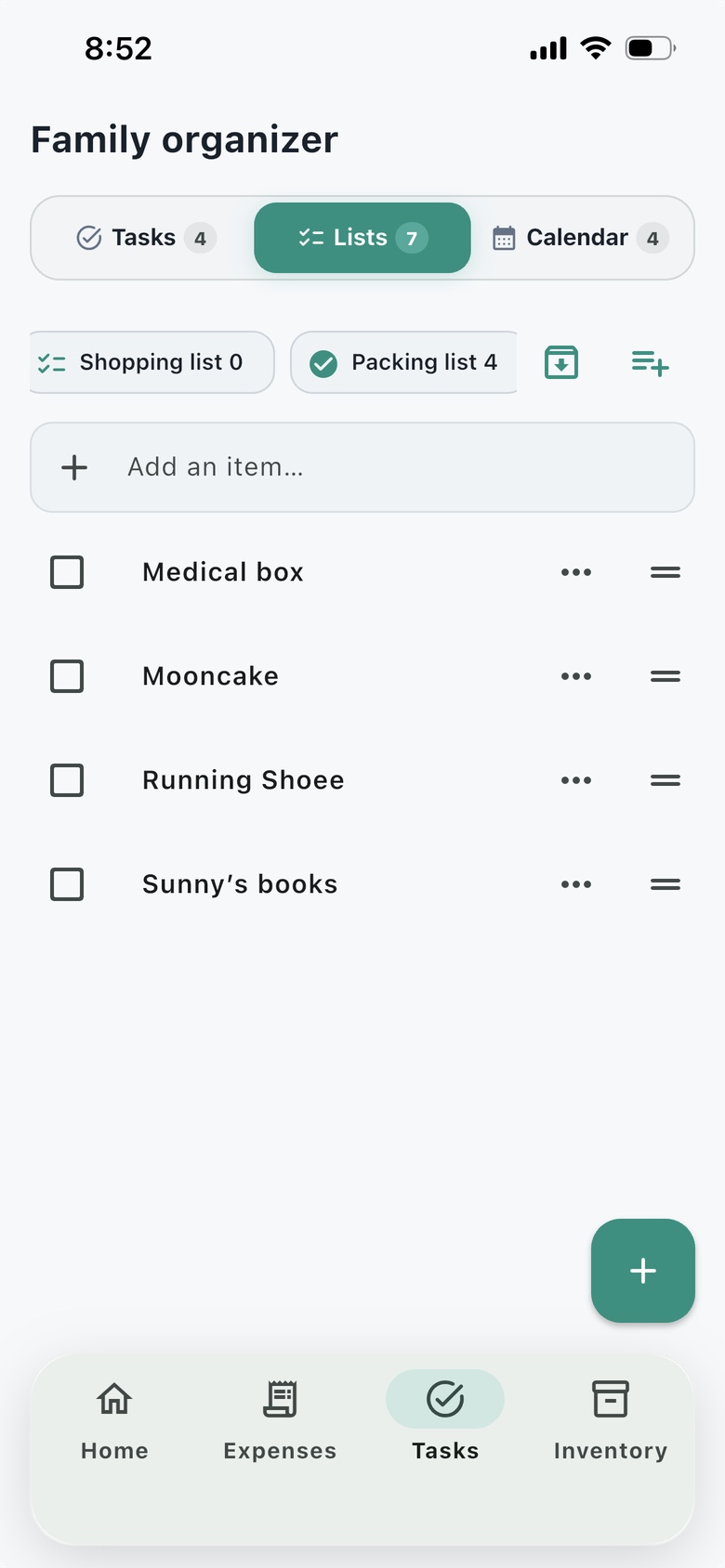 Nestiva Lists screen with Shopping list and Packing list, quick add, open items, archive, and list creation controls.