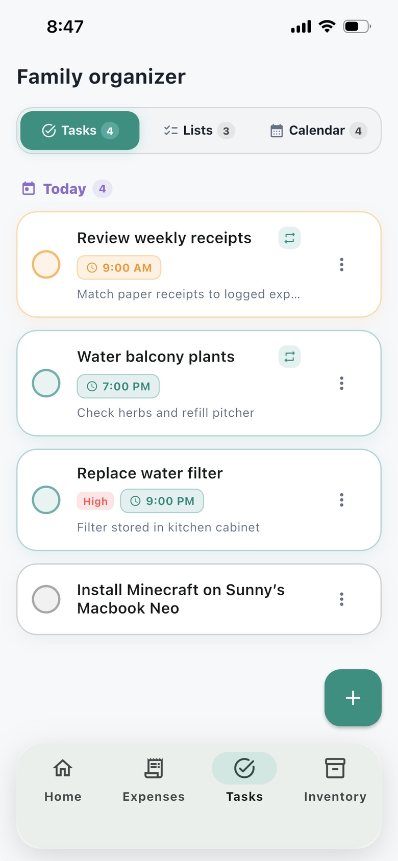Nestiva Tasks screen with today’s household tasks, priorities, due times, and recurring routines.