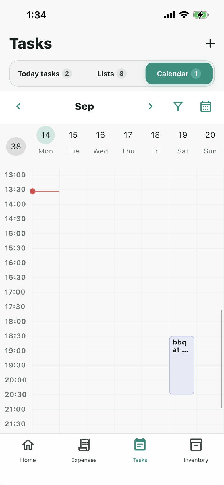 Nestiva Calendar showing a clear day timeline and scheduled household event.