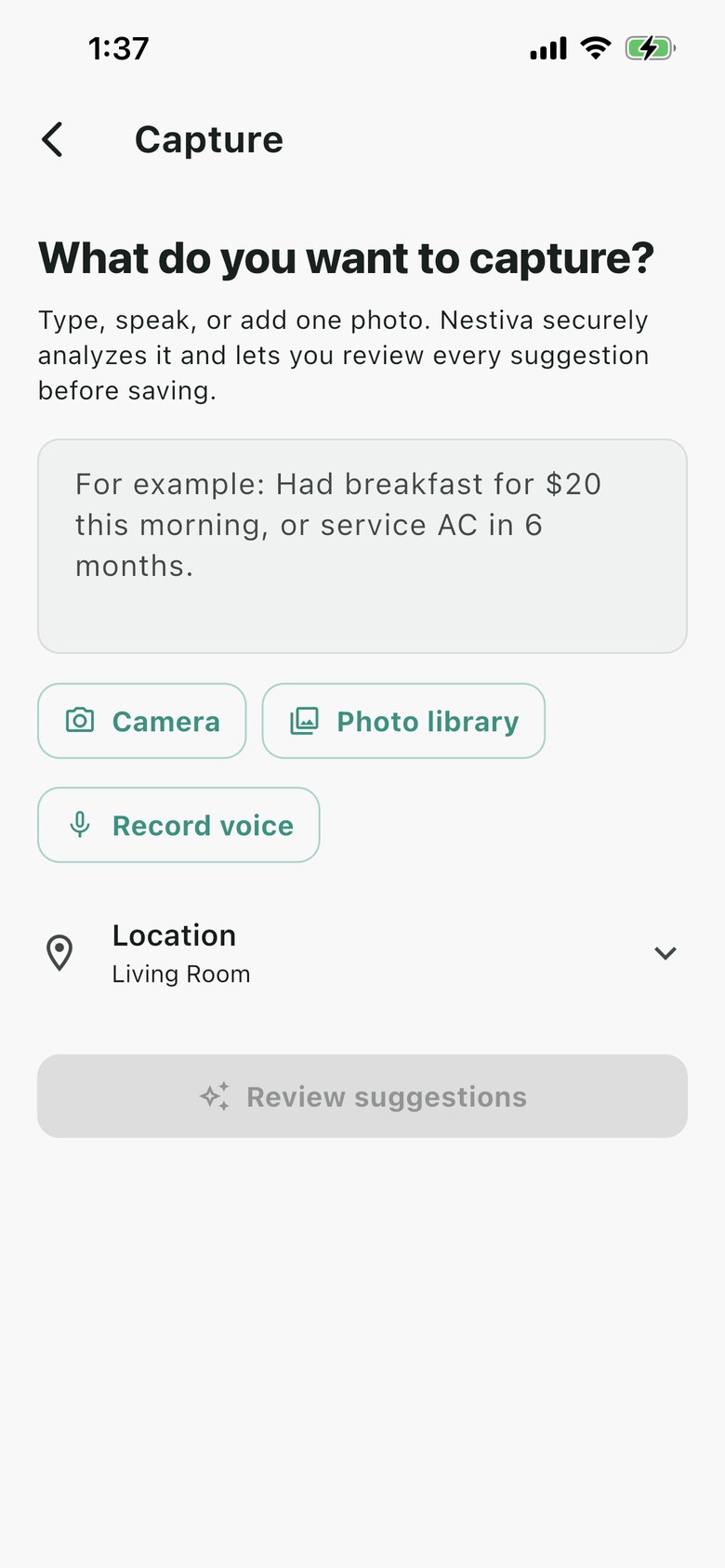 Nestiva Capture with text, camera, photo library, voice, and location options.