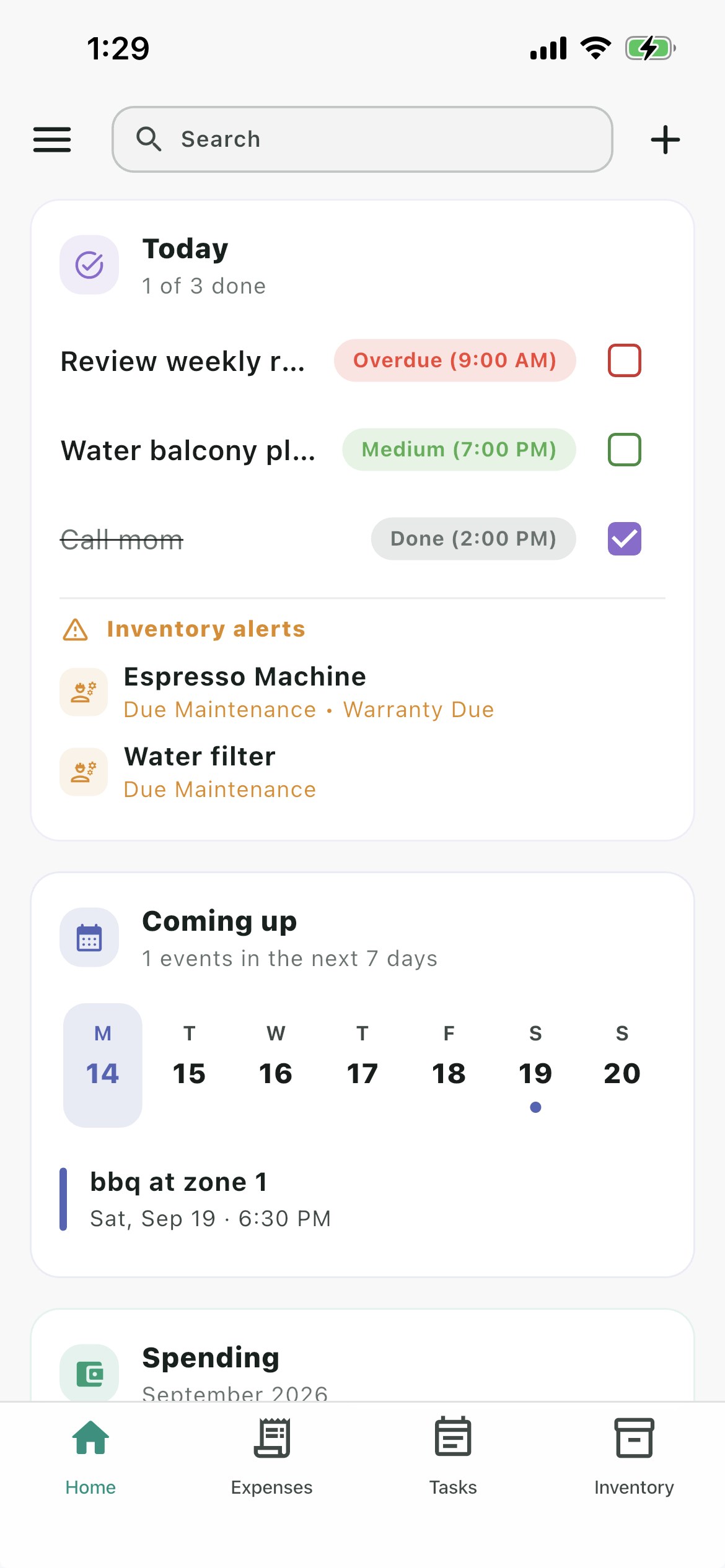 Nestiva dashboard showing today’s tasks, inventory alerts, upcoming events, and monthly spending.