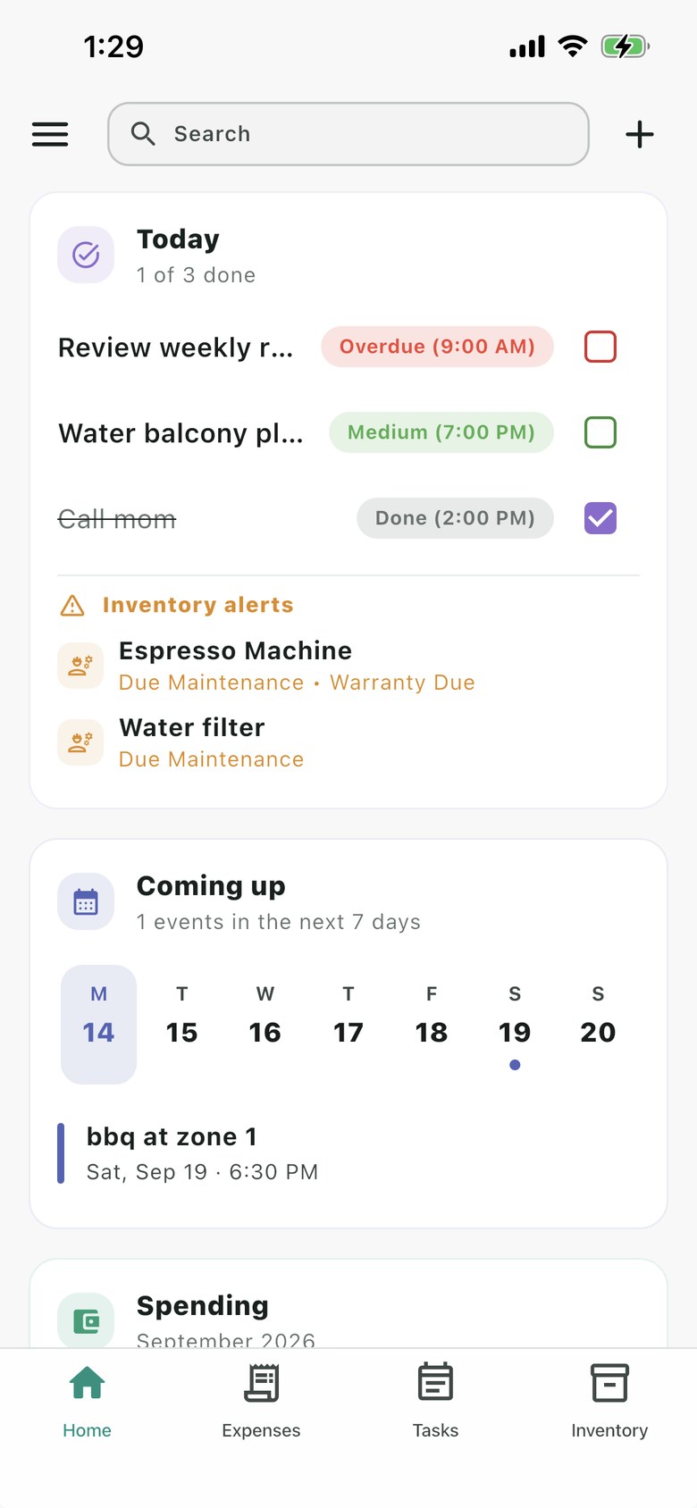 Nestiva dashboard with today’s tasks, inventory alerts, upcoming events, and spending.
