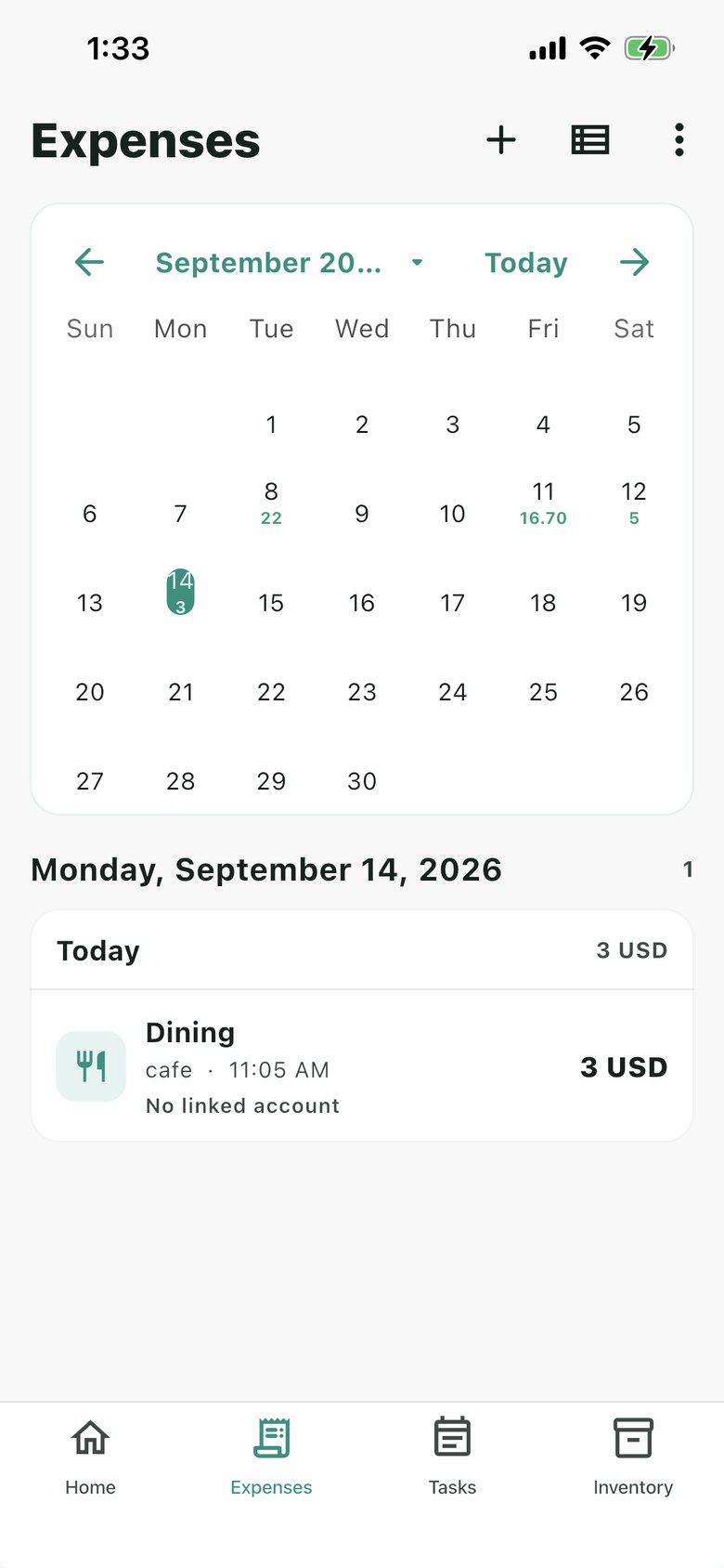 Nestiva expense calendar showing daily totals and transactions for the selected date.
