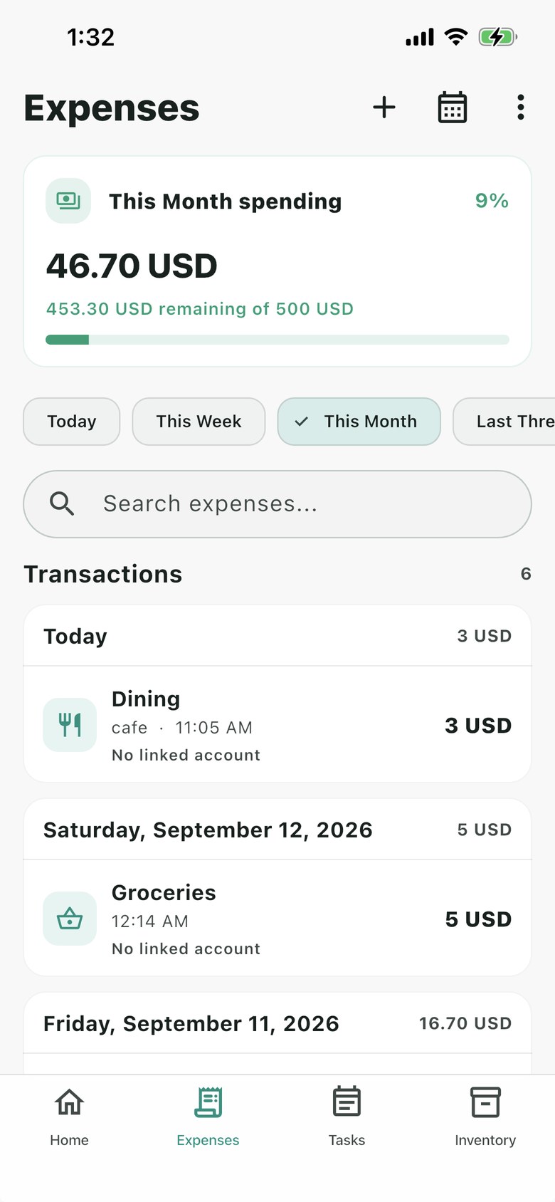 Nestiva Expenses showing monthly spending, remaining budget, and recent transactions.