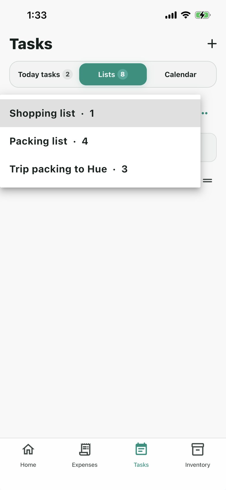 Nestiva Lists showing shopping, packing, and trip lists in one compact view.