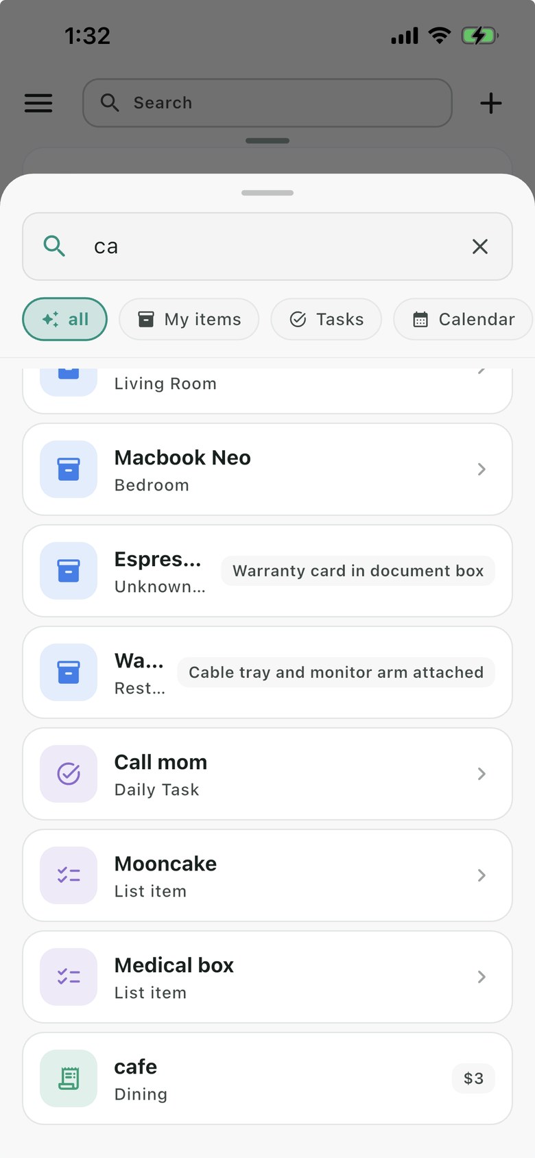 Nestiva Search showing results from inventory, tasks, lists, calendar, and expenses.