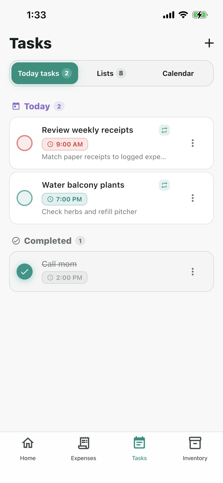 Nestiva Today Tasks showing priorities, due times, details, and completed work.