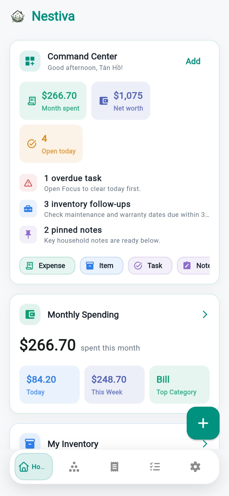Nestiva dashboard showing command center, monthly spending, tasks, and pinned notes.