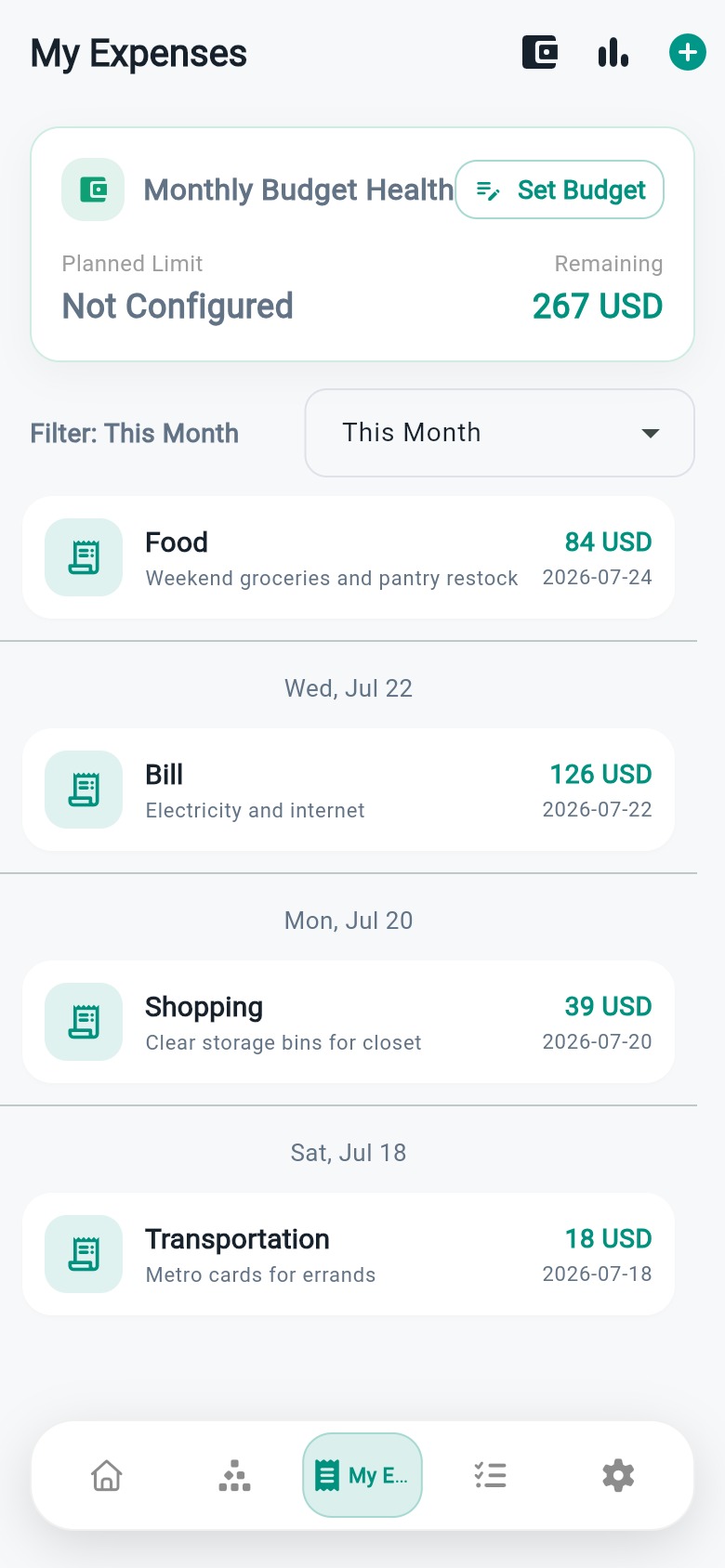 Nestiva expense screen.